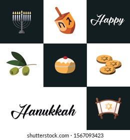 Hanukkah festival icons. Nice editable icons. Dredeil, Suganiyot, Hanukkah, Fireworks, coins, parchment, Torah and olive branch. Vector editable.