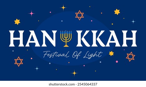 Hanukkah festival of light background, banner. Modern elegant design for celebration of traditional holiday. Vector illustration with text, menorah and stars.