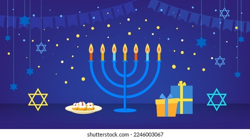 Hanukkah. Festival of Lights, Jewish celebration. Banner with lamp of seven candles, the star of the Jewish Jews. Vector illustration