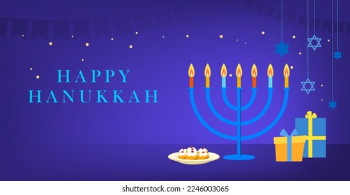 Hanukkah. Festival of Lights, Jewish celebration.Banner with empty space for text, the star of the Jewish Jews. Vector illustration