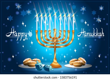 Hanukkah (Festival of Lights) Jewish holiday greeting card with menorah, dreidels and sufganiya donuts. "Happy Hanukkah" lettering. Vector illustration on shiny blue background with candle lights.