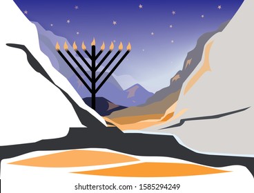 Hanukkah (Festival of Lights) Jewish holiday . Vector illustration.  Silhouette of a black menorah illuminating against snowy mountains