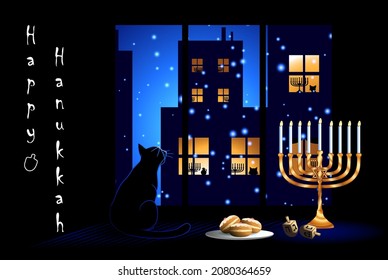 Hanukkah (Festival of Lights) Jewish holiday greeting card with menorah, dreidels, sufganiya donuts and a cat looking out the window at the night city filled with lights and snow. Vector illustration.