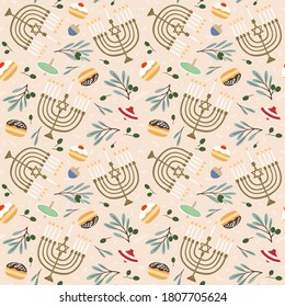 Hanukkah festival of lights menorah theme seamless illustration surface pattern. wrapping paper, gift wrap, background, event advertise, fabric, greeting card. social media marketing material.