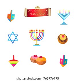 Hanukkah Festival of lights, vector icons set with menorah and traditional symbols, stars, dreidel, donut, isolated on white background. Jewish holiday chanukah decorative elements for greeting card.