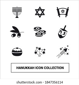 Hanukkah festival solid icons. Nice editable icons. Dredeil, Suganiyot, Hanukkah, Star of David, Torah, Parchment, Fireworks and olive trees. Vector editable.