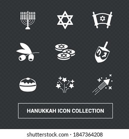 Hanukkah festival solid icons. Nice editable icons. Dredeil, Suganiyot, Hanukkah, Star of David, Torah, Parchment, Fireworks and olive trees. Vector editable.