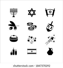 Hanukkah festival solid icons. Nice editable icons. Dredeil, Suganiyot, Hanukkah, Star of David, Torah, Parchment, Fireworks and olive trees. Vector editable.