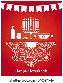 Hanukkah. Festive table. Candlestick, cake, candles, wick, jar, a large dish, dreidel. Jewish holiday. Happy Hanukkah greeting card design. Celebratory bright background for Hanukkah. Tape with flags.