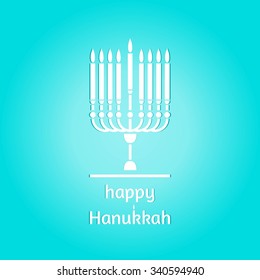 Hanukkah. Festive table. Candlestick. Jewish holiday. Happy Hanukkah greeting card design. Celebratory bright background for Hanukkah. White logo for holiday. Minimalism. Religious symbol.
