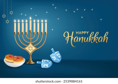 Hanukkah Festvial Celebration Dark Blue Background With Memorah. Donuts and Spin Dreidel. Hanukkah Shopping Festive Sale, Greetings Theme Concept Design Vector Illustration.