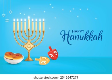 Hanukkah Festvial Celebration Light Blue Background With Memorah. Donuts and Spin Dreidel. Hanukkah Shopping Festive Sale, Greetings Theme Concept Design Vector Illustration.