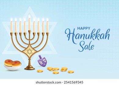 Hanukkah Festvial Celebration Pastel Blue Background With Memorah. Donuts, Dreidel and Coins. Hanukkah Shopping Festive Sale, Greetings Theme Concept Design Vector Illustration.