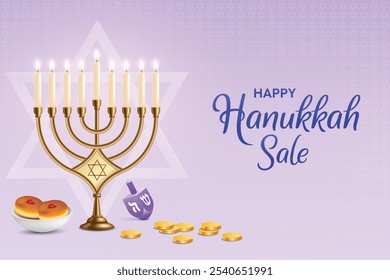 Hanukkah Festvial Celebration Pastel Purple Background With Memorah. Donuts, Dreidel and Coins. Hanukkah Shopping Festive Sale, Greetings Theme Concept Design Vector Illustration.