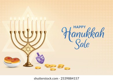 Hanukkah Festvial Celebration Pastel Yellow Background With Memorah. Donuts, Dreidel and Coins. Hanukkah Shopping Festive Sale, Greetings Theme Concept Design Vector Illustration.