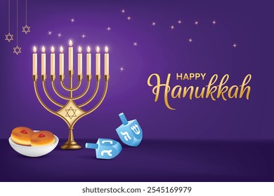 Hanukkah Festvial Celebration Purple Background With Memorah. Donuts and Spin Dreidel. Hanukkah Shopping Festive Sale, Greetings Theme Concept Design Vector Illustration.