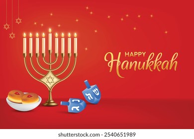 Hanukkah Festvial Celebration Red Background With Memorah. Donuts and Spin Dreidel. Hanukkah Shopping Festive Sale, Greetings Theme Concept Design Vector Illustration.