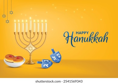 Hanukkah Festvial Celebration Yellow Background With Memorah. Donuts and Spin Dreidel. Hanukkah Shopping Festive Sale, Greetings Theme Concept Design Vector Illustration.