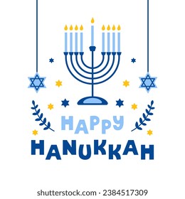  Hanukkah flat vector illustration isolated on a white background. Traditional jewish holiday greeting card design with happy hanukkah congratulation