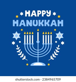 Hanukkah flat vector illustration isolated on a blue background. Traditional jewish holiday greeting card design with happy hanukkah congratulation
