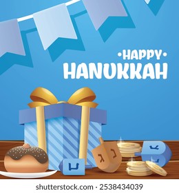 Hanukkah flat vector illustration isolated on a blue background.