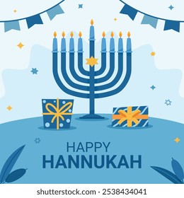 Hanukkah flat vector illustration isolated on a blue background.