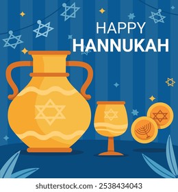 Hanukkah flat vector illustration isolated on a blue background.