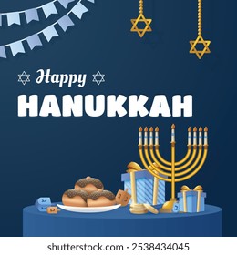 Hanukkah flat vector illustration isolated on a blue background.