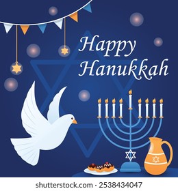 Hanukkah flat vector illustration isolated on a blue background.