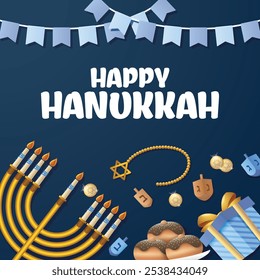 Hanukkah flat vector illustration isolated on a blue background.