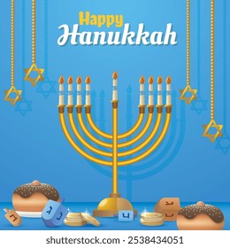 Hanukkah flat vector illustration isolated on a blue background.