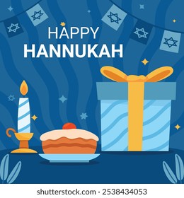 Hanukkah flat vector illustration isolated on a blue background.