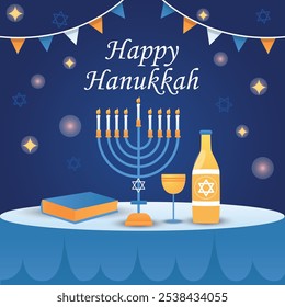 Hanukkah flat vector illustration isolated on a blue background.