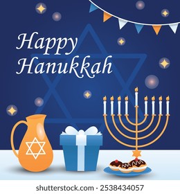 Hanukkah flat vector illustration isolated on a blue background.