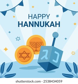 Hanukkah flat vector illustration isolated on a blue background.