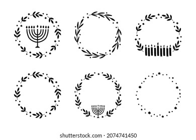 Hanukkah floral wreath with menorah, candle vector illustration set. Jewish holiday Chanukah typography. Hand-drawn festive party decoration. Hanuka greeting card with a traditional symbol.