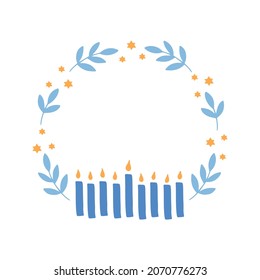 Hanukkah floral wreath with menorah candles stars vector illustration. Jewish holiday Chanukah. Hand-drawn festive party decoration. Hanuka greeting card with a traditional symbol.