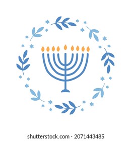 Hanukkah floral wreath with menorah vector illustration. Jewish holiday Chanukah. Hand-drawn festive party decoration. Hanuka greeting card with a traditional symbol.