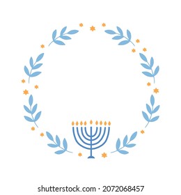 Hanukkah floral wreath with menorah vector illustration. Jewish holiday Chanukah. Hand-drawn festive party decoration. Hanuka greeting card with a traditional symbol.