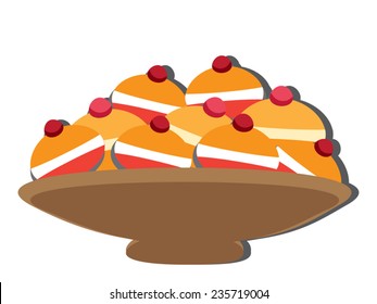 Hanukkah food. Ceramic plate full of Sufganiya (Sufganiyot), jelly donuts. Hanukkian doughuts. Holiday tradition foods in Israel. Vector Hanukkian illustration. Eps 10. Isolated on white.