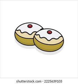 Hanukkah food. Sufganiya (Sufganiyot), jelly donuts. Hanukkian doughuts. Holiday tradition foods in Israel. Vector Hanukkian illustration. Isolated on white.