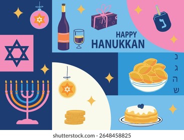 Hanukkah food and traditions concept featuring dreidel, sufganiyot, chocolate coins and candles in flat vector style for Jewish winter holiday design.