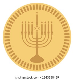 Hanukkah Gelt - Chocolate Coin Wrapped In Gold Menorah Design Often Given To Jewish Children During Hanukkah