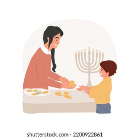 Hanukkah gelt aisló ilustración vectorial de dibujos animados. Adultos sonrientes dando dinero a Hanukkah para los niños, festival judío, preparando gelatinas para celebraciones religiosas caricatura vectorial.