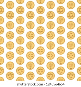 Hanukkah Gelt Seamless Pattern - Gold gelt featuring Star of David and menorah design made for Hanukkah