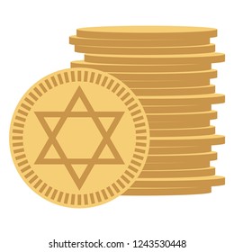 Hanukkah Gelt - Stack of chocolate coins wrapped in gold Star of David design often given to Jewish children during Hanukkah