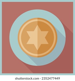 Hanukkah gelt. Vector icon illustration of Jewish coin for Hanukkah. Flat long shadow design.	