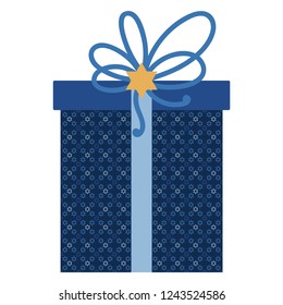 Hanukkah Gift - Present wrapped in Star of David design with ribbon bow and gold six point star