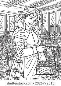 Hanukkah Girl Carrying Basket Adults Coloring Page