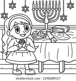 Hanukkah Girl Praying with Menorah Coloring Page 